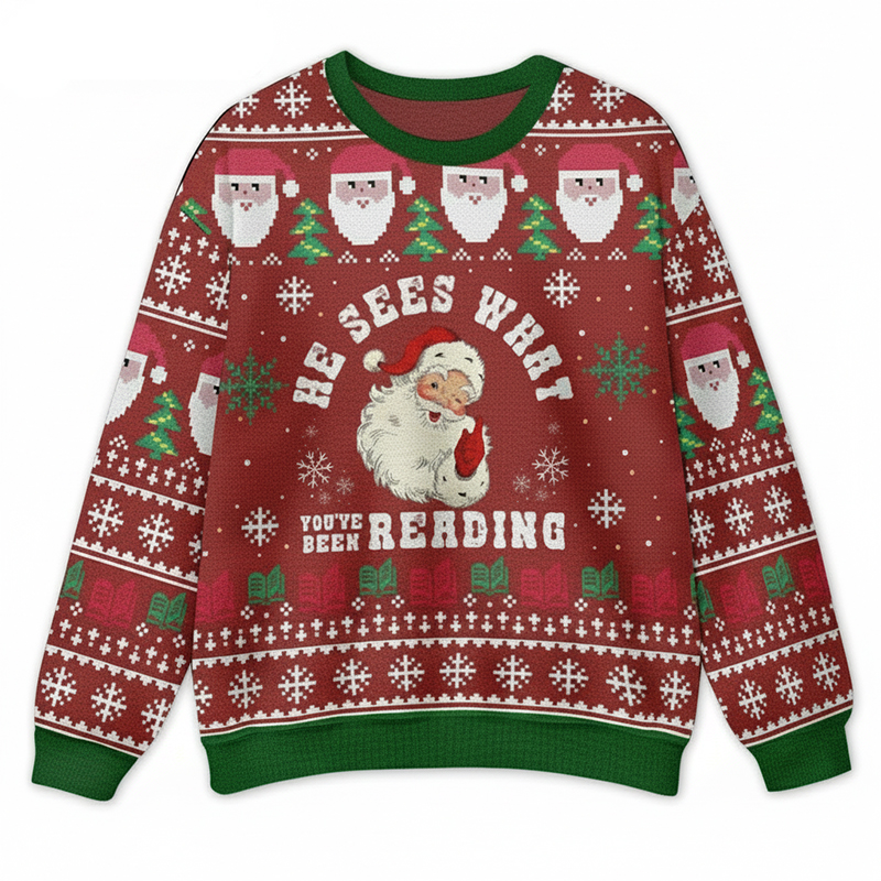 He Sees What You Reading Teacher Ugly Fluffy Christmas Sweater