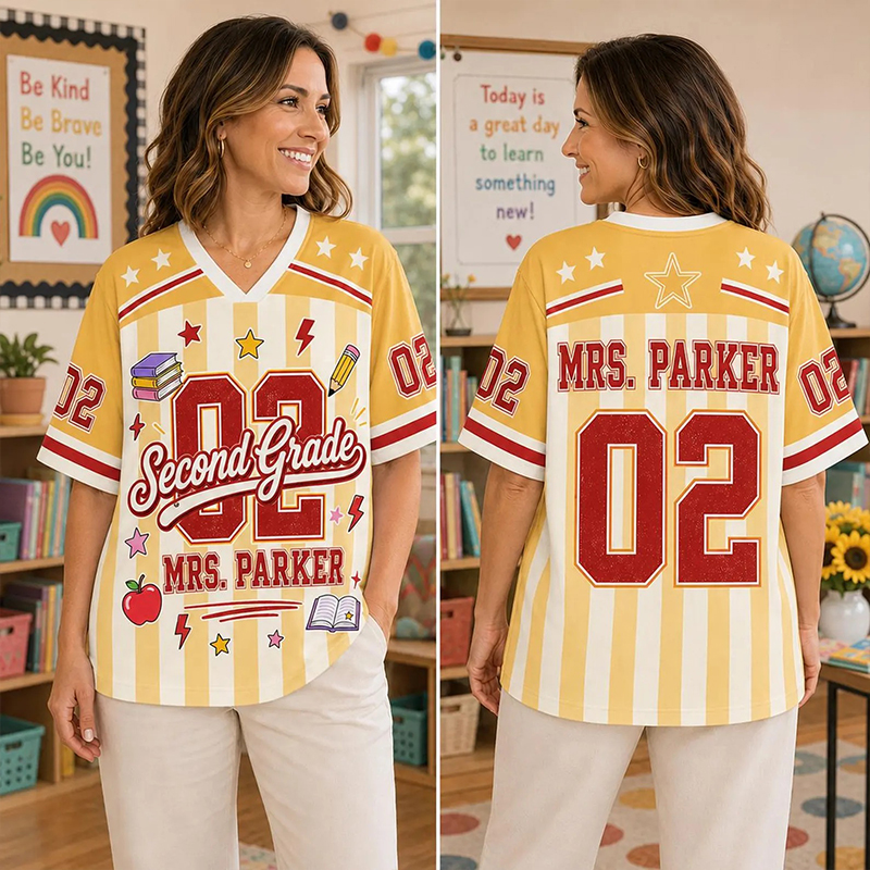 Personalized Grade Name Pastel Stripe Teacher Mesh Jersey
