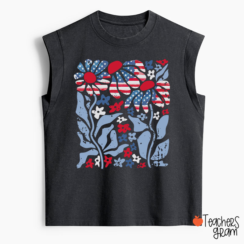 Boho Patriotic Daisy American Flag Floral Teacher Washed Tank Top