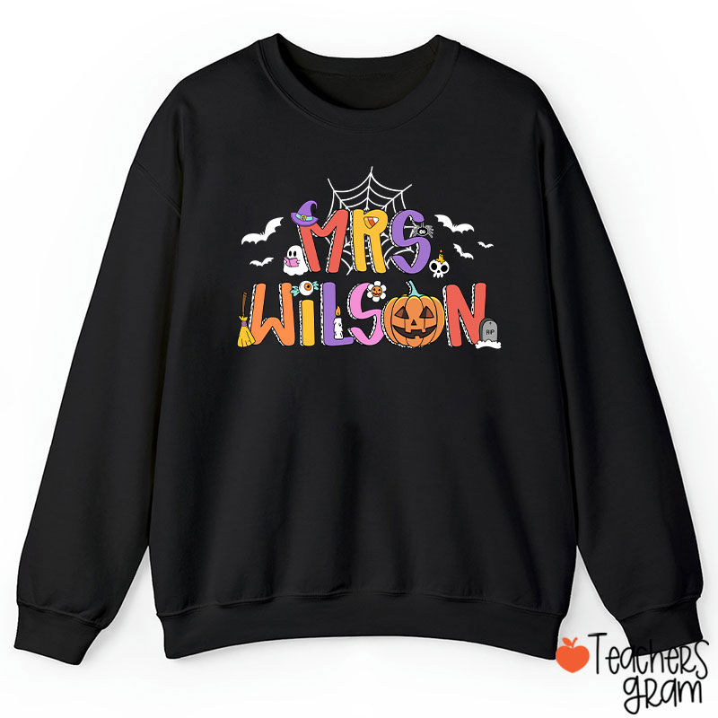 Personalized Name Spider Web Ghost Pumpkin Teacher Sweatshirt