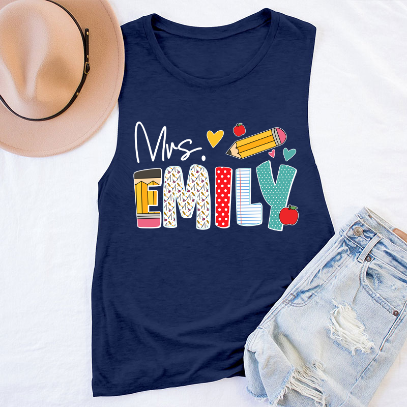 Personalized Teacher's Name Cute Pencil Icon Teacher Tank Top