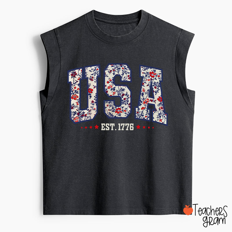 Retro Floral USA Teacher Washed Tank Top