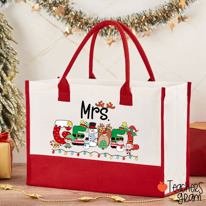 Personalized Name Christmas Lights Teacher Cotton Tote Bag