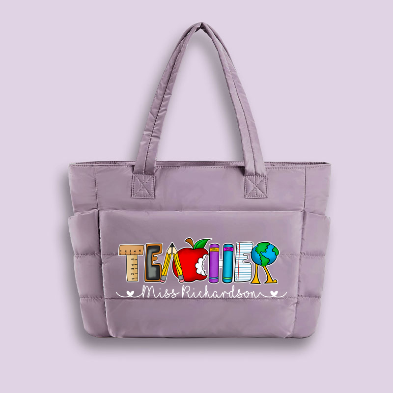 Personalized Name Cartoon Stationery Pencil Teacher Puffy Tote Bag