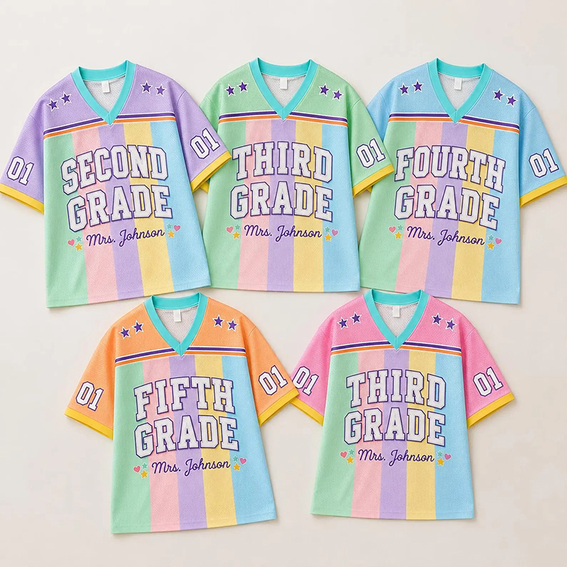 Personalized Grade And Name Preppy Rainbow Vertical Stripes First Day Teacher Mesh Jersey