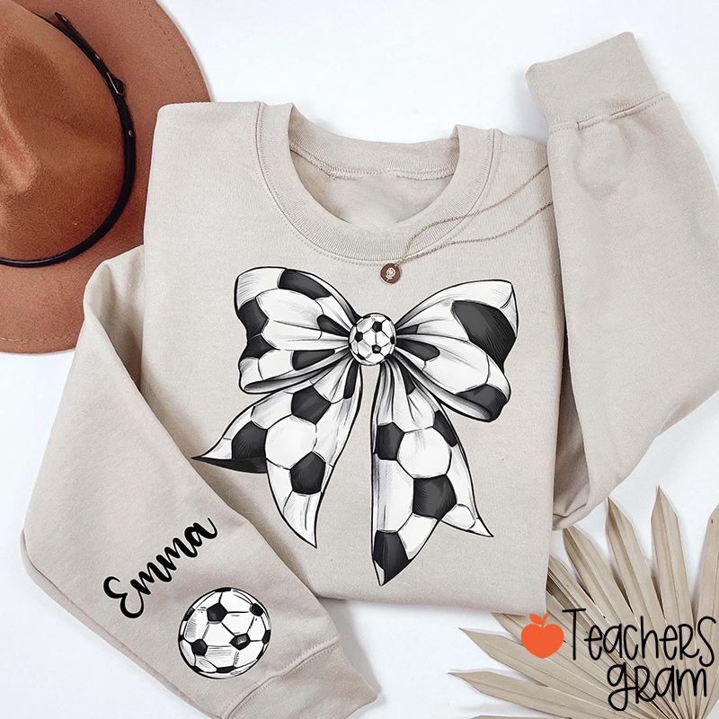 Personalized Name Soccer Bow Coquette Game Day Teacher Sleeve Print Sweatshirt