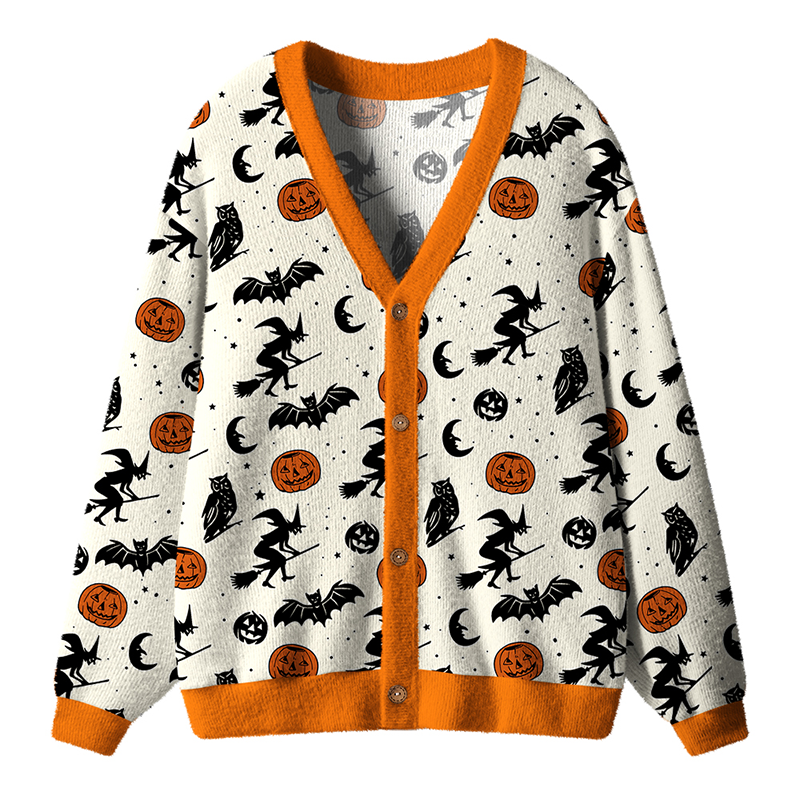 Retro Halloween Witch Bat Pumpkin Full Print Teacher Ugly Cardigan Sweaters