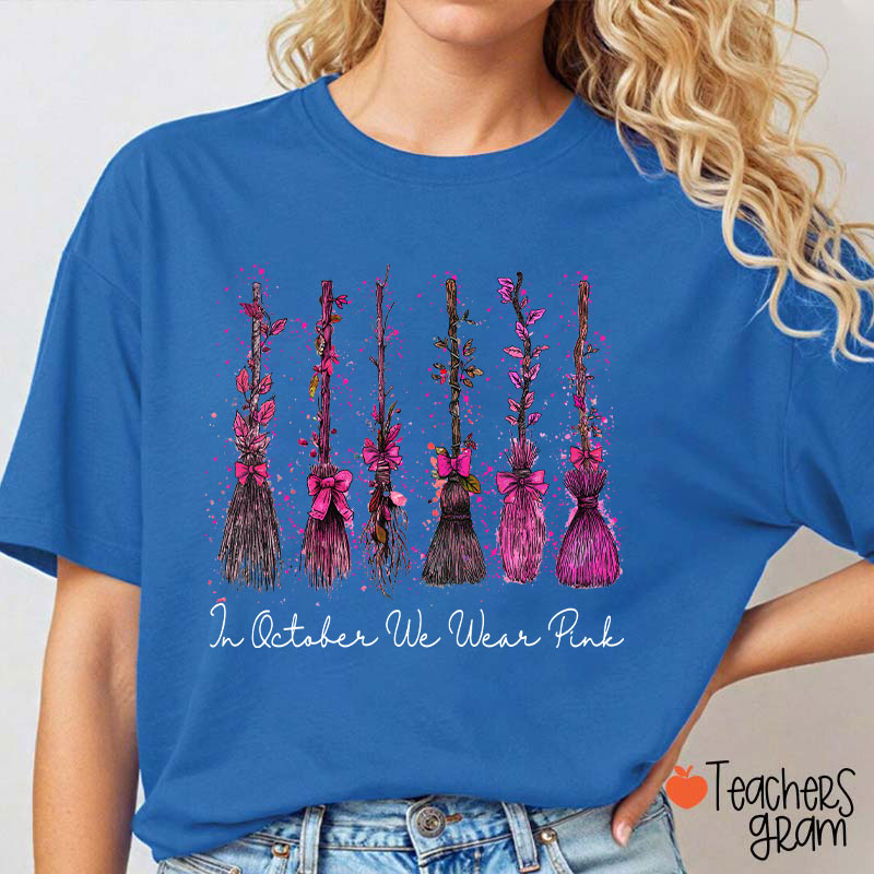On Wednesday We Wear Pink Witch Broom Teacher T-Shirt