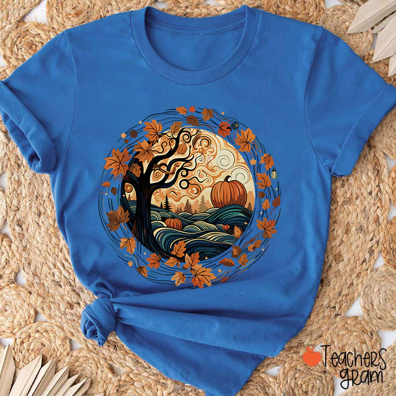 Cottagecore Pumpkins Leaves Trees Fall Vibe Teacher T-Shirt