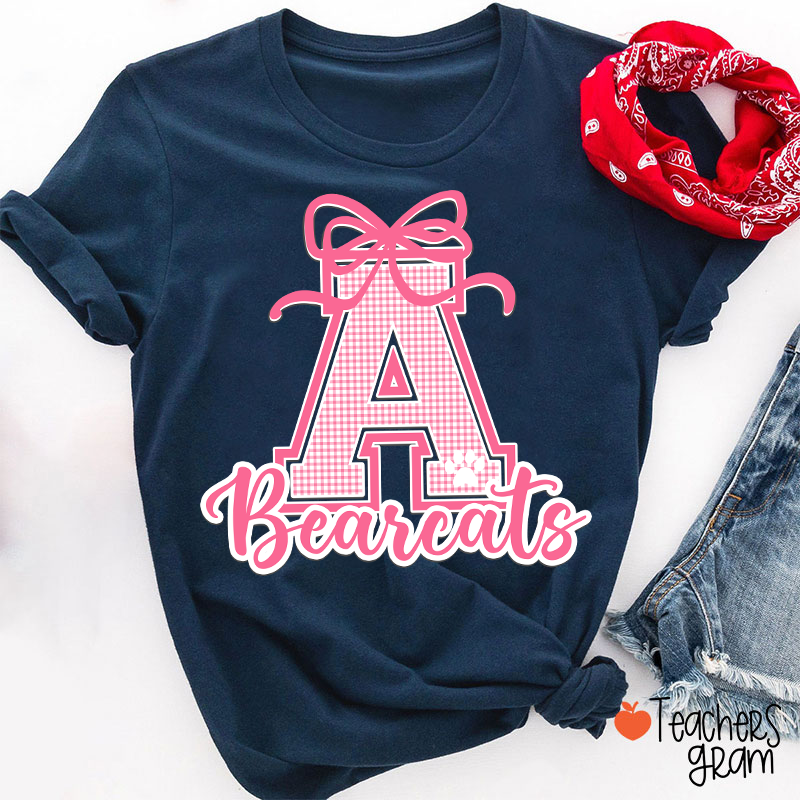 Personalized Mascot Gingham Varsity Coquette Bow Teacher T-Shirt