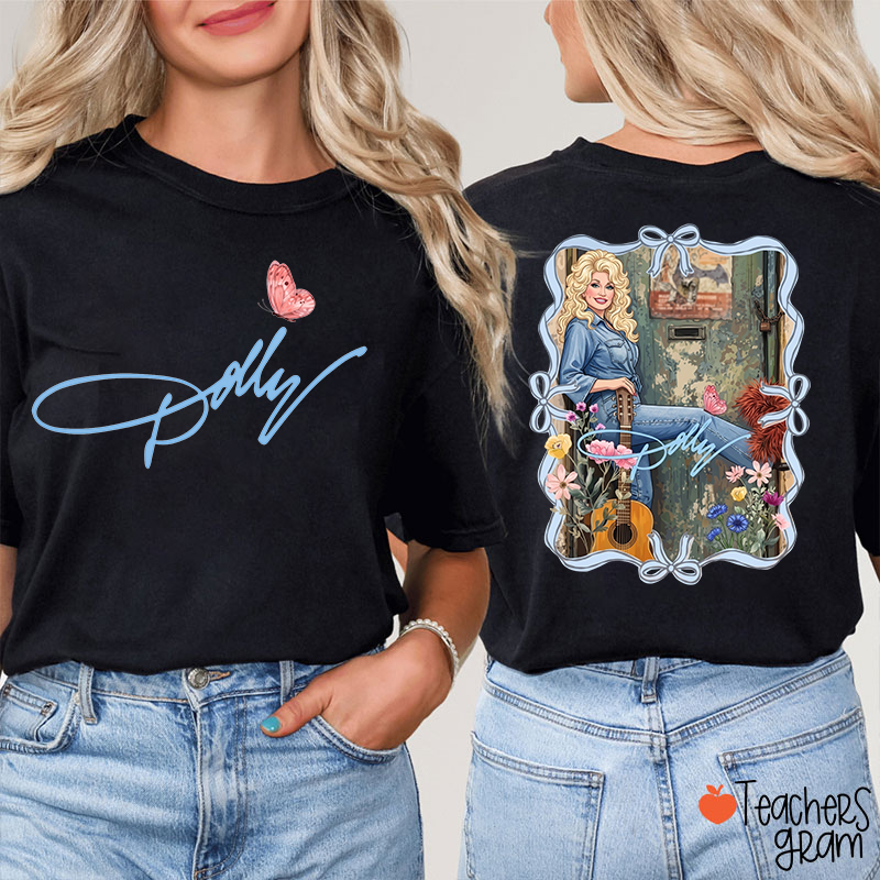 Dolly Portrait Guitar Butterfly Floral Teacher Two Sided T‑Shirt