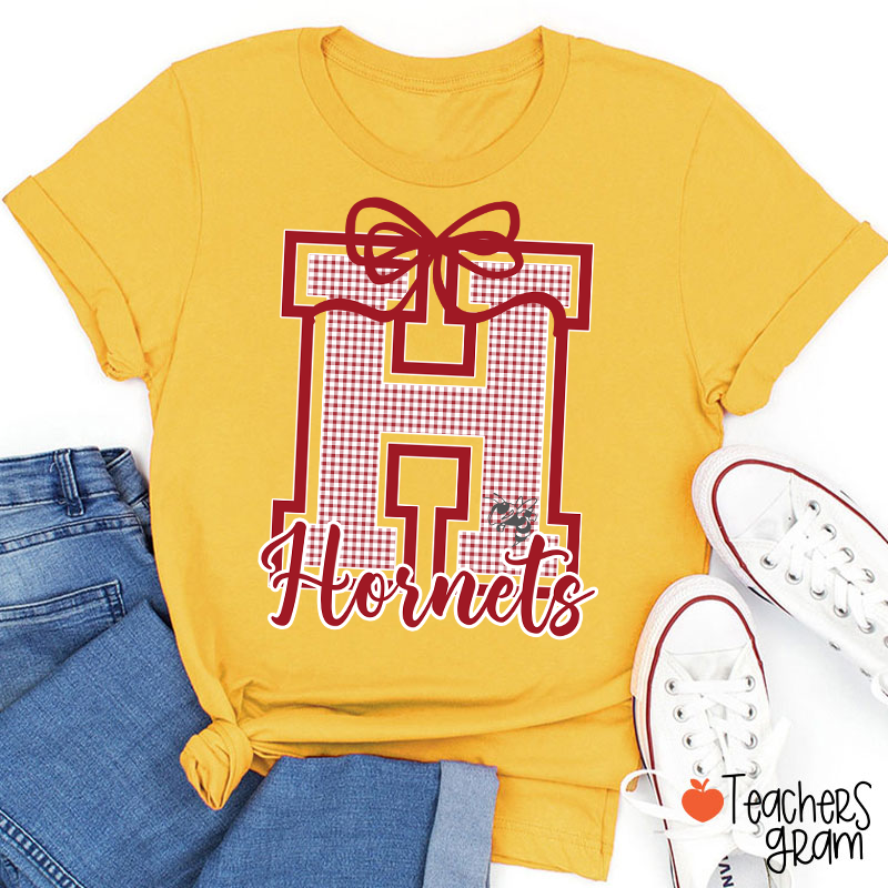 Personalized Mascot Gingham Varsity Coquette Bow Teacher T-Shirt