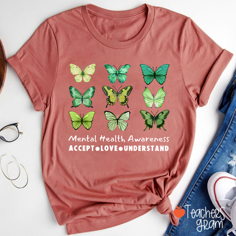Accept Love Understand Butterfly Graphic Mental Health Awareness Teacher T-Shirt