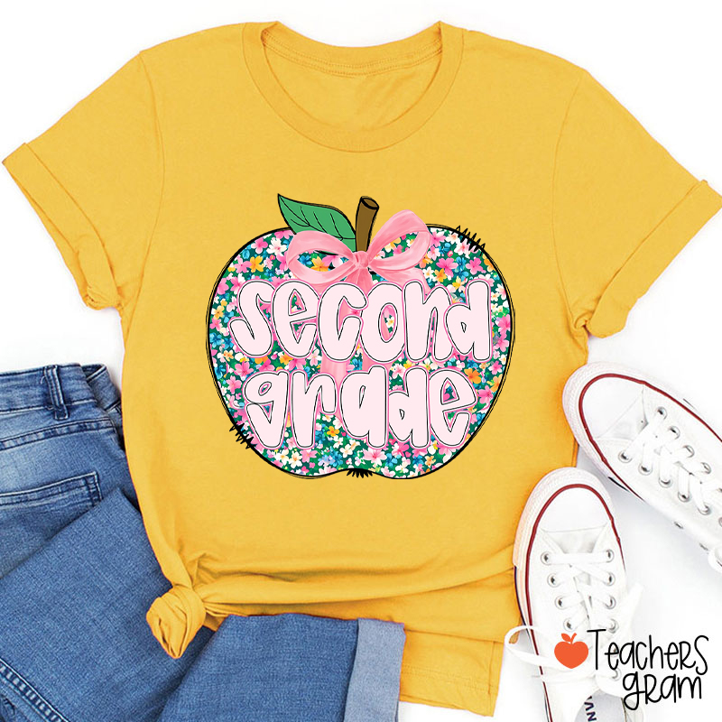 Personalized Grade Flowers Apple Teacher T-Shirt