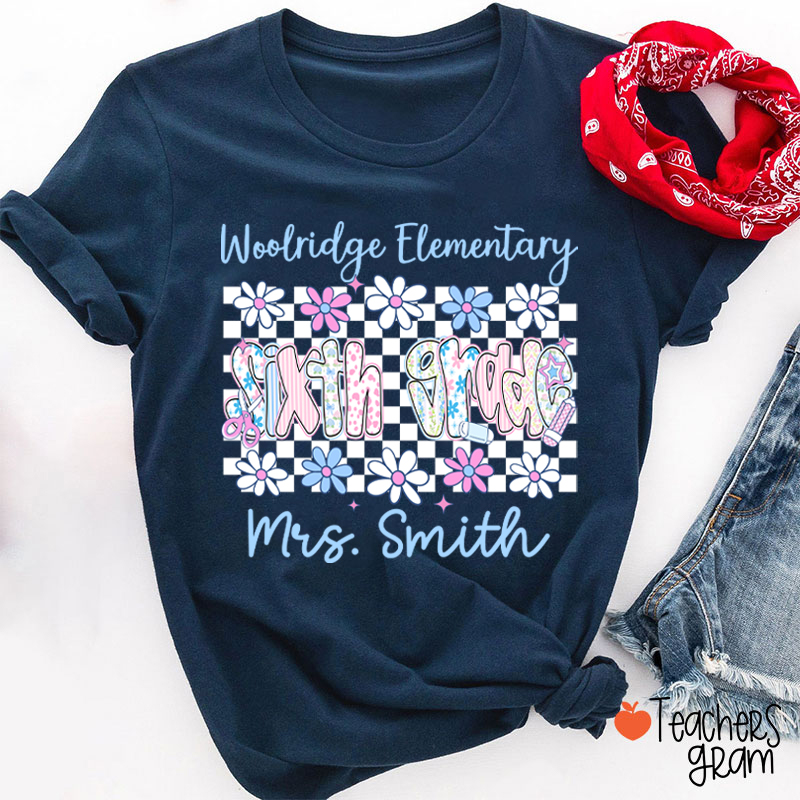 Personalized Name Grade And School Name Checkered Flowers Teacher T-Shirt