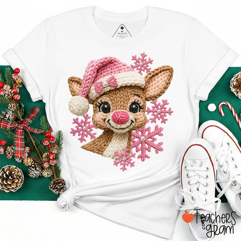 Faux Yarn Pink Christmas Reindeer Teacher T-Shirt