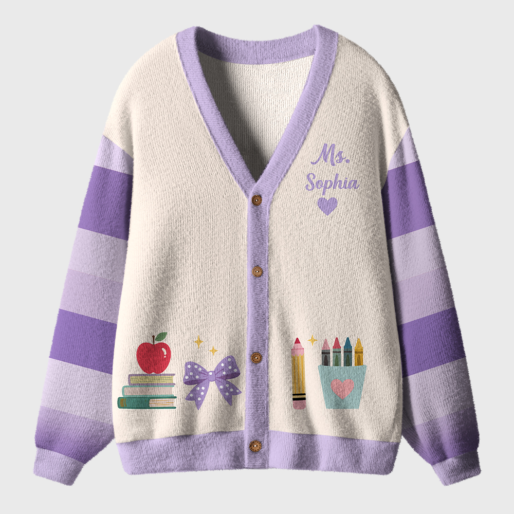 Personalized Name Apple Book Pencil Teacher Ugly Cardigan Sweaters