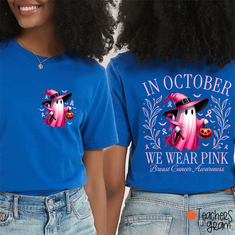 Halloween Beautifully Ghost Picture Breast Cancer Awareness Two Sided T-Shirt