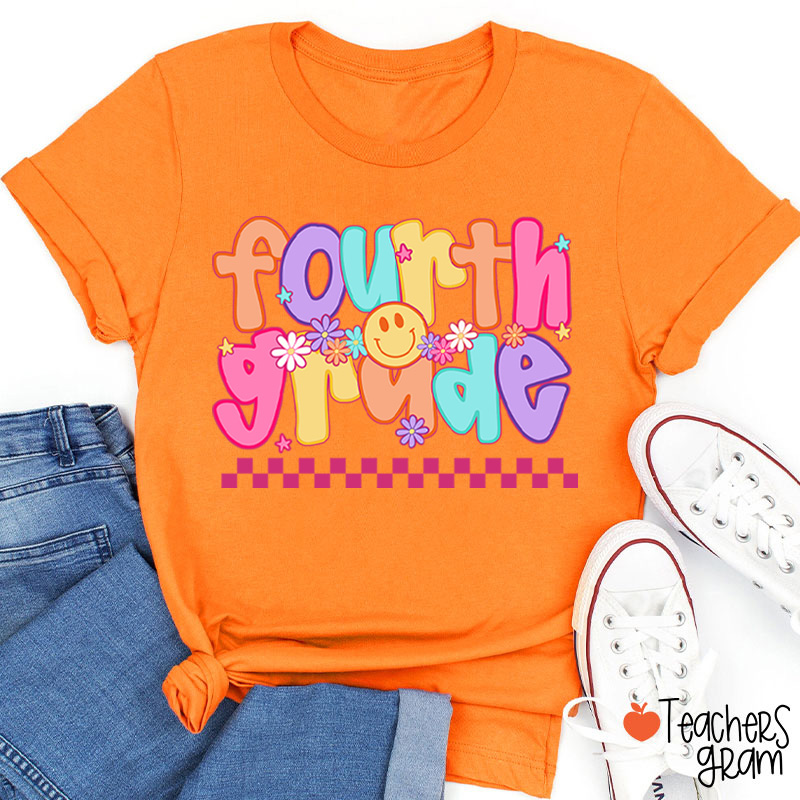 Personalized Grade Candy Color Fonts Checkered Teacher T-Shirt