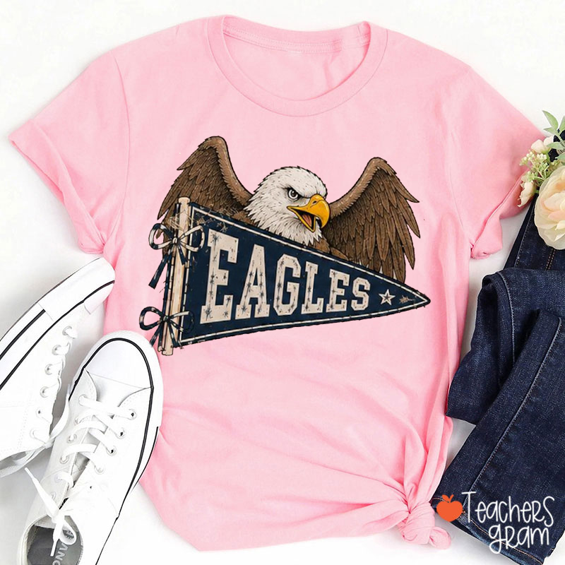 Personalized Mascot Team Name Vintage Pennant Bow Star Teacher T-Shirt