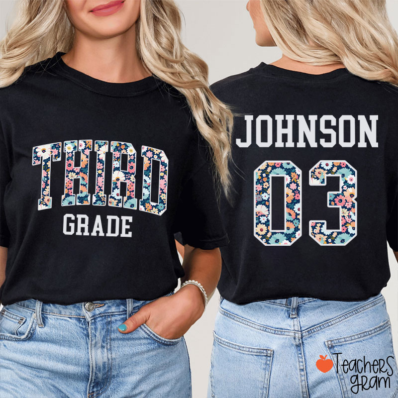 Personalized Grade And Name Floral Fonts Teacher Two Sided T-Shirt