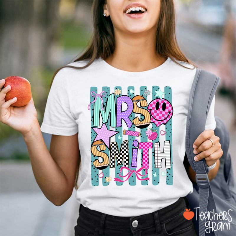 Personalized Grade Coquette Preppy Stripes Teacher T-Shirt