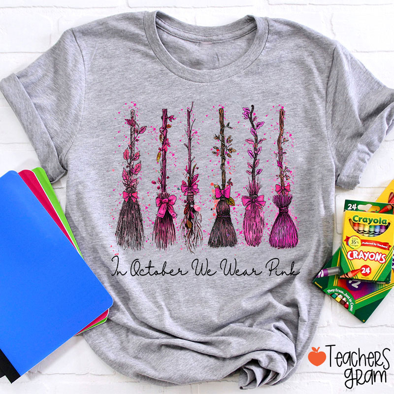 On Wednesday We Wear Pink Witch Broom Teacher T-Shirt