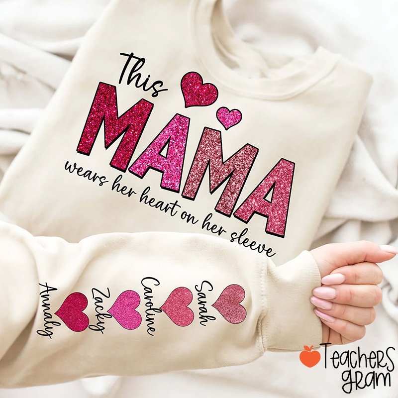 Personalized Name Her Heart On Her Sleeve Faux Glitter Teacher Sleeve Print Sweatshirt