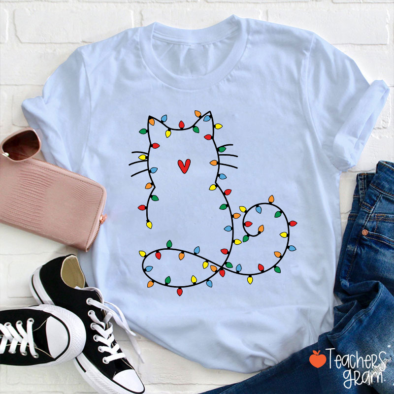 Cute Cat Christmas Lights Teacher T-Shirt