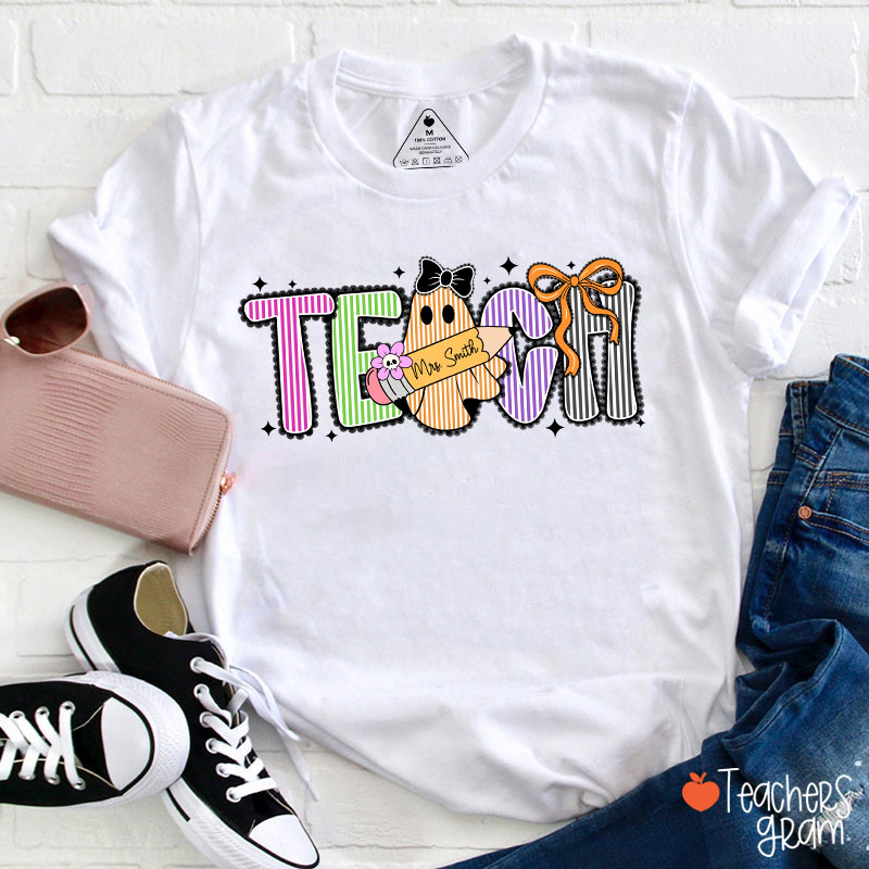 Personalized Name Preppy Teach Boo Ghost Coquette Teacher T-Shirt