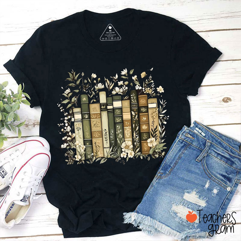 Vintage Books And Floral Teacher T-shirt