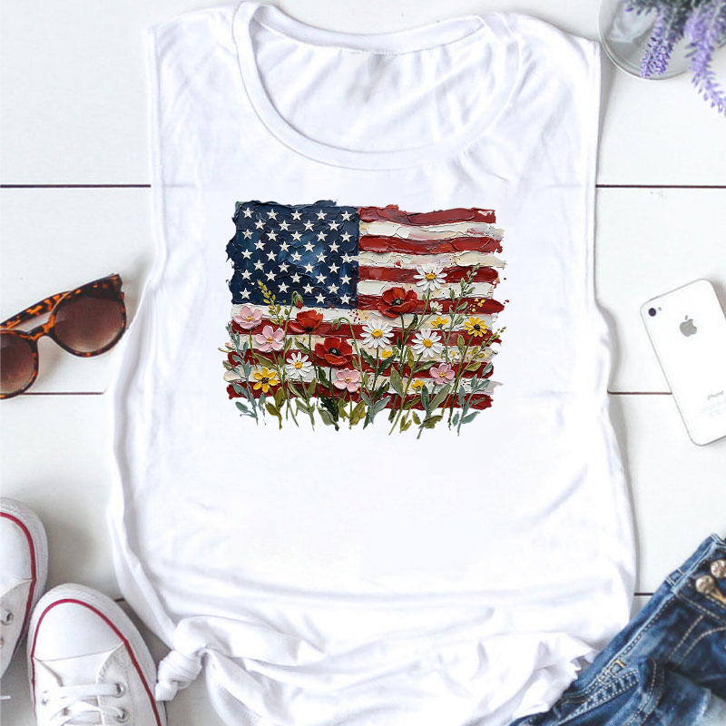 American Flag Floral Teacher Tank Top