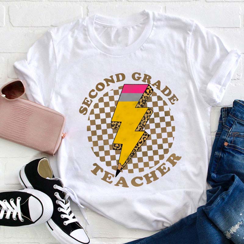 Personalized Grade Pencil Lighting Teacher T-Shirt
