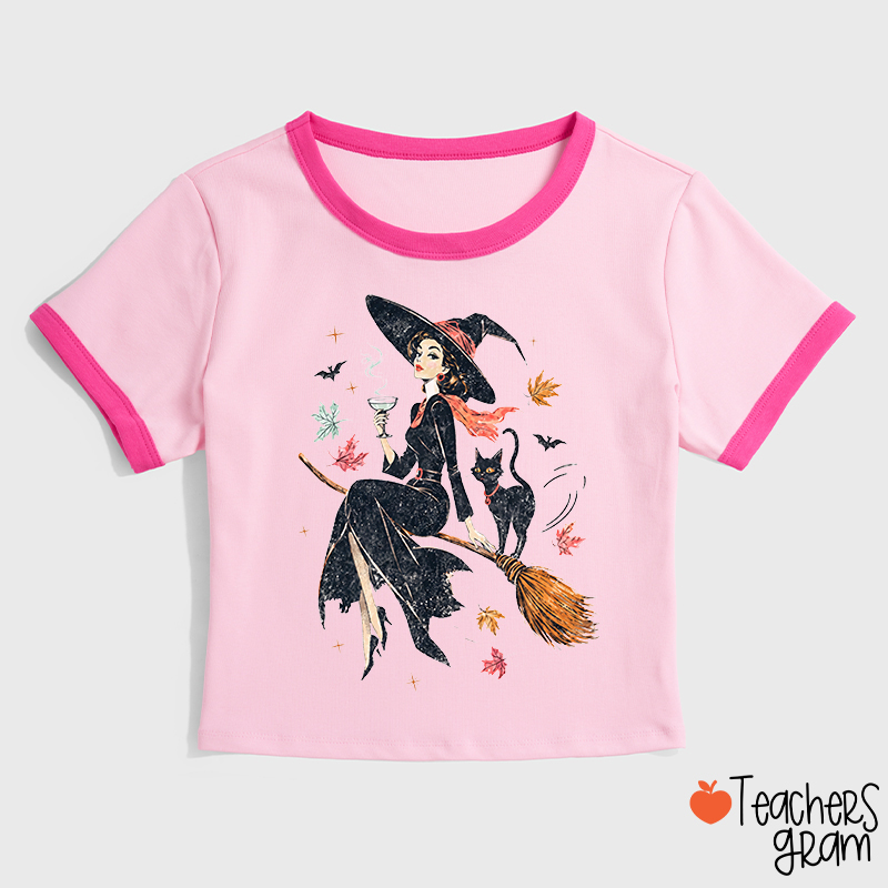 Vintage Witch Halloween Teacher Ringer T‑Shirt
