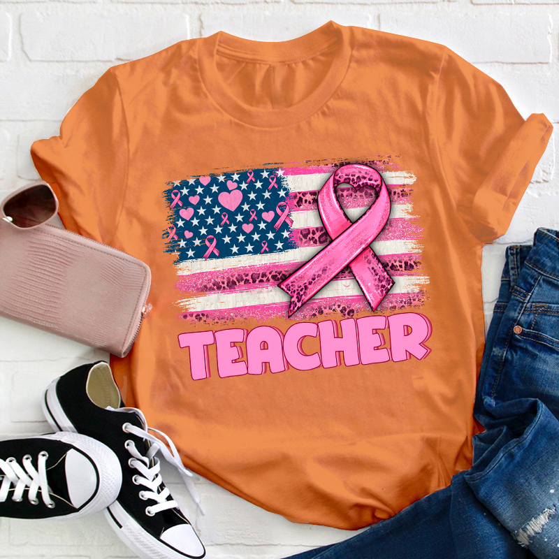 Personalized American Flag With Pink Ribbon Teacher T-Shirt