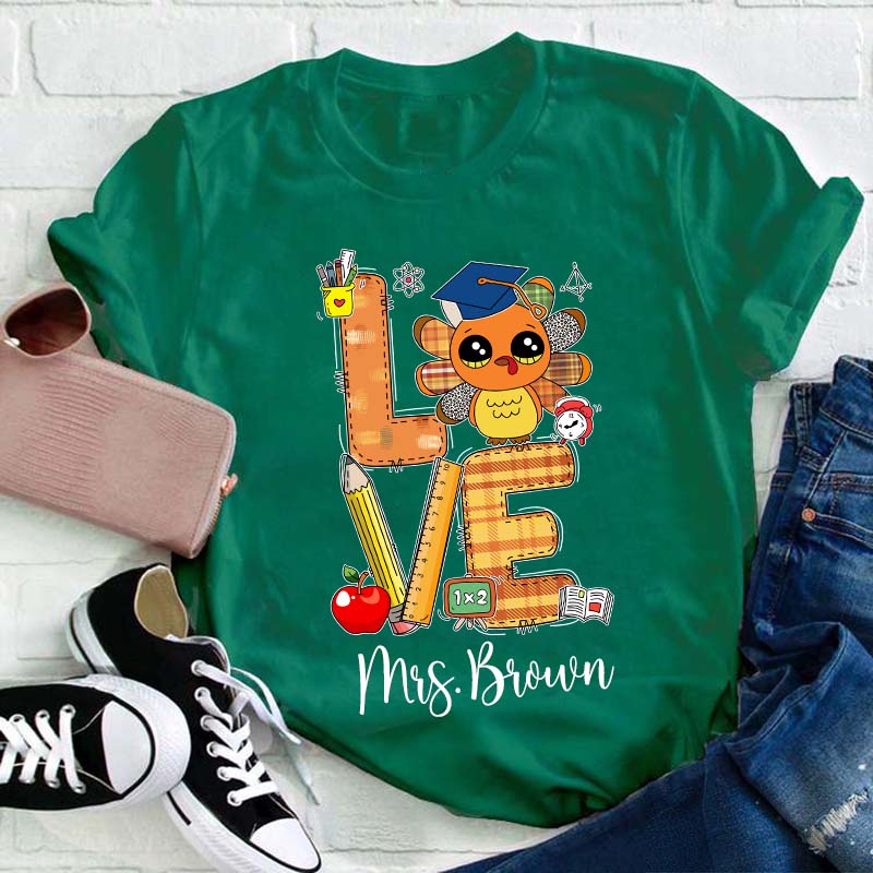Personalized Name Thankful Cute Turkey Teacher T-Shirt