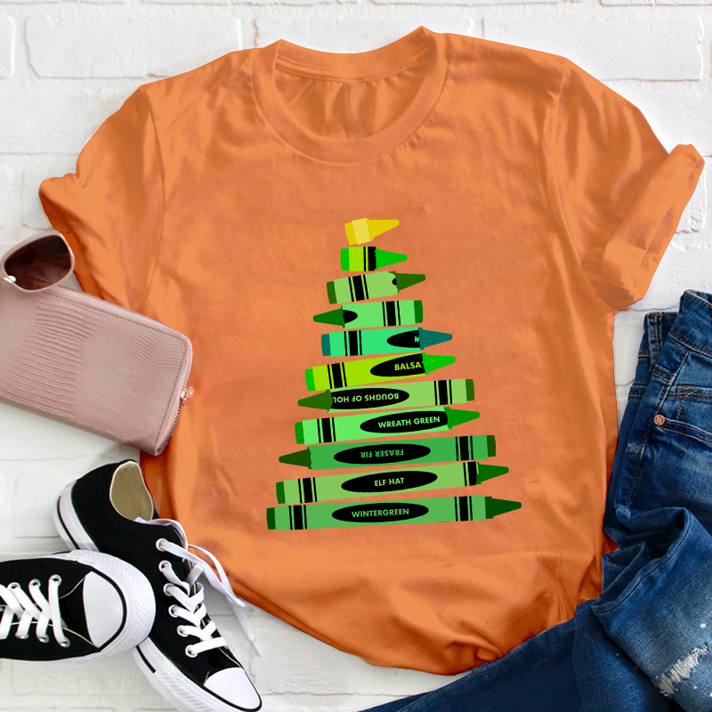 Green Crayon Christmas Tree Teacher T-Shirt