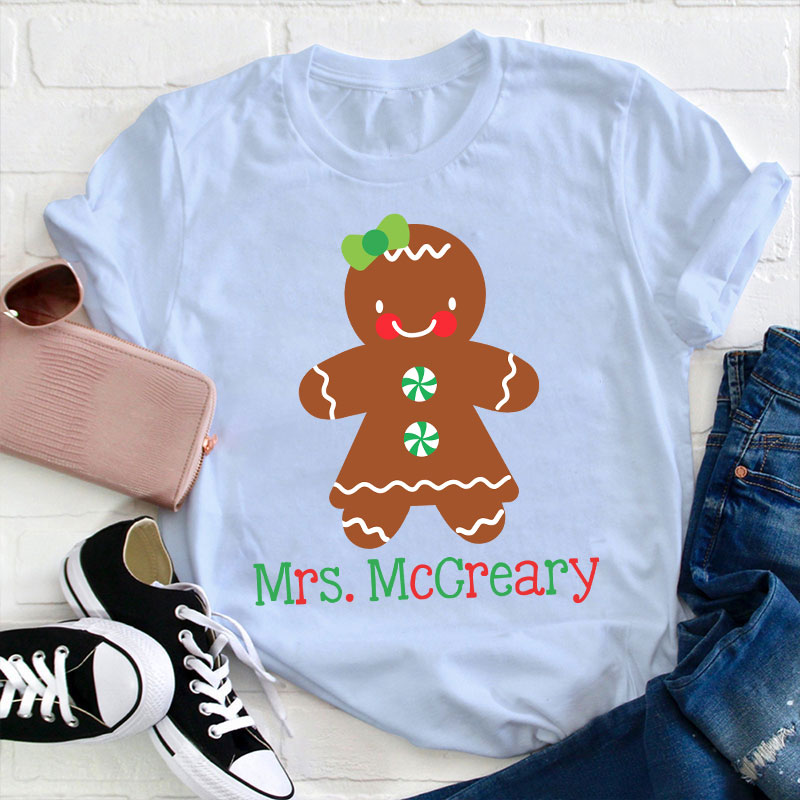 Personalized Name Cute Christmas Gingerbread Teacher T-Shirt