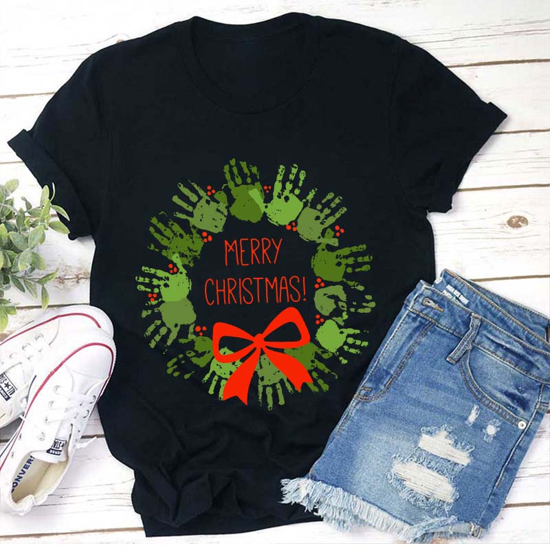 Cute Hands Merry Christmas Teacher T-Shirt