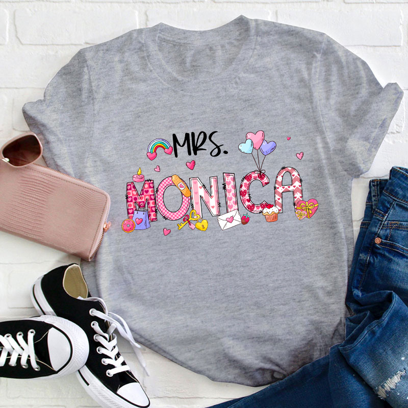 Personalized Pink Love Valentine Teacher T-Shirt