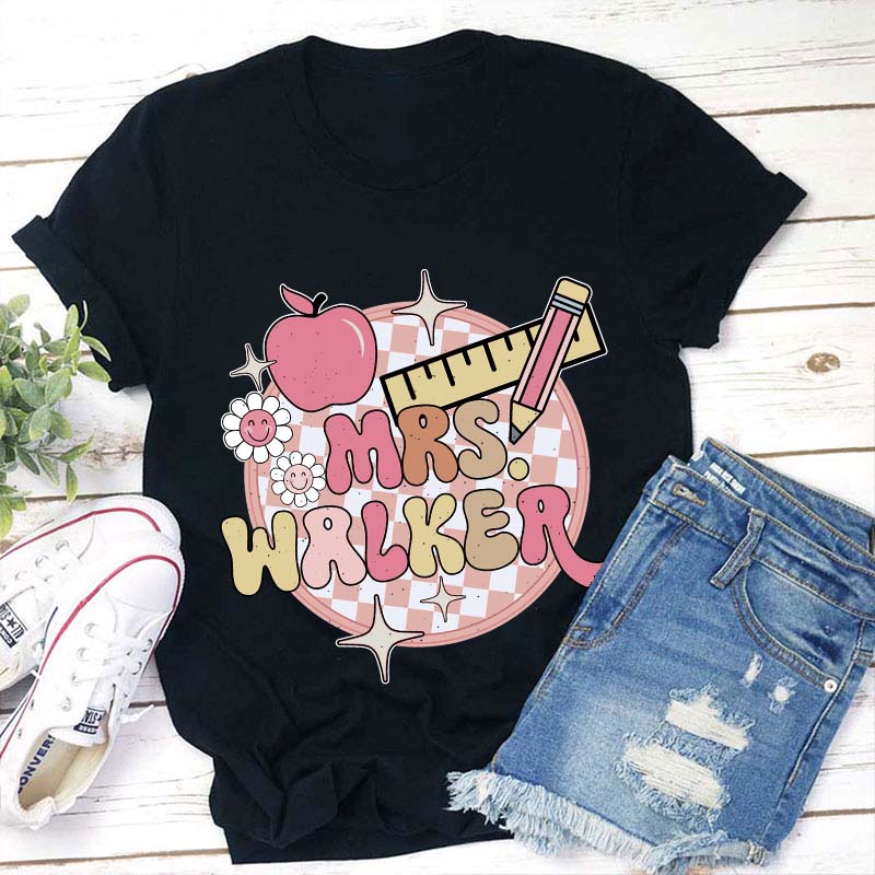 Personalized Pink Checkerboard Teacher T-Shirt