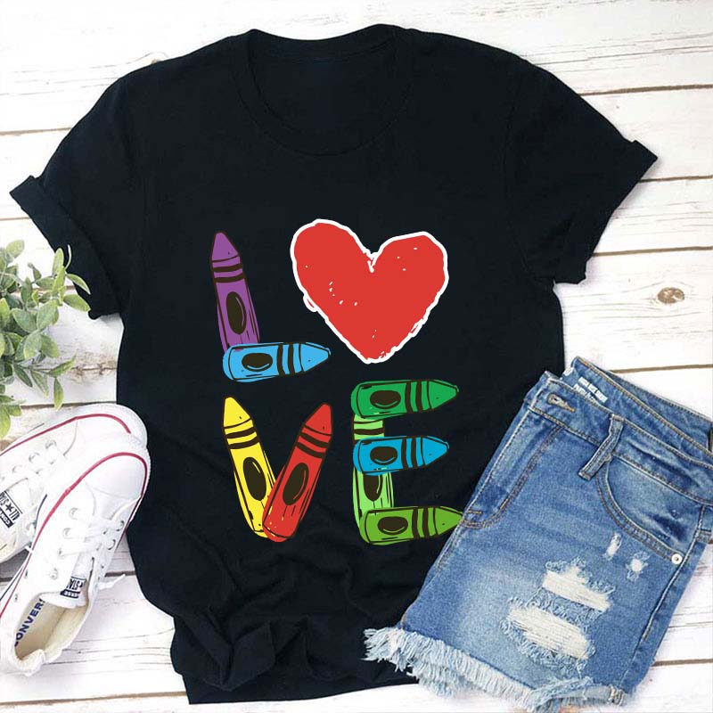 Colored Crayons Love Teacher T-Shirt Sale-Teachersgram