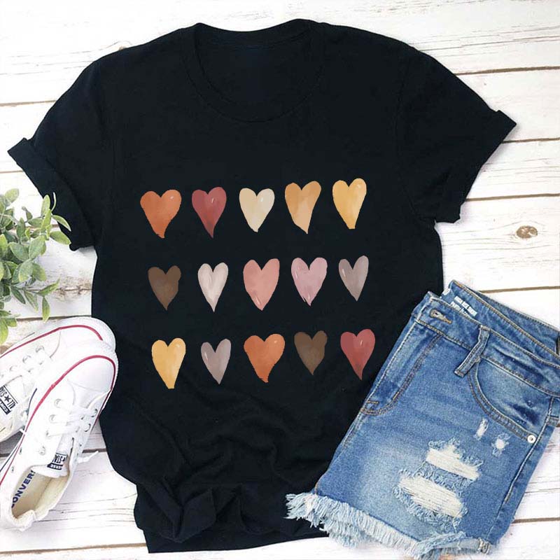 Skin Tone Kindness Watercolor Hearts Teacher T-Shirt
