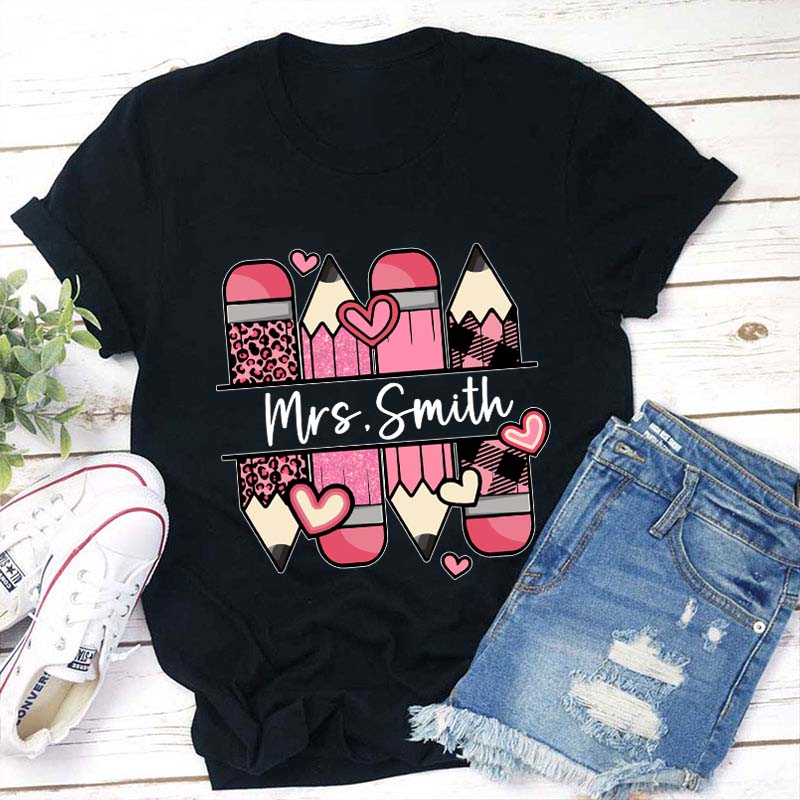 Personalized Name Pink Pencil Teacher T-Shirt