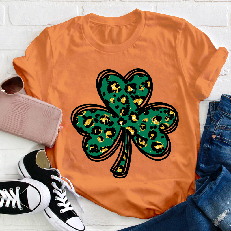 Leopard Glitter Shamrock Teacher T-Shirt