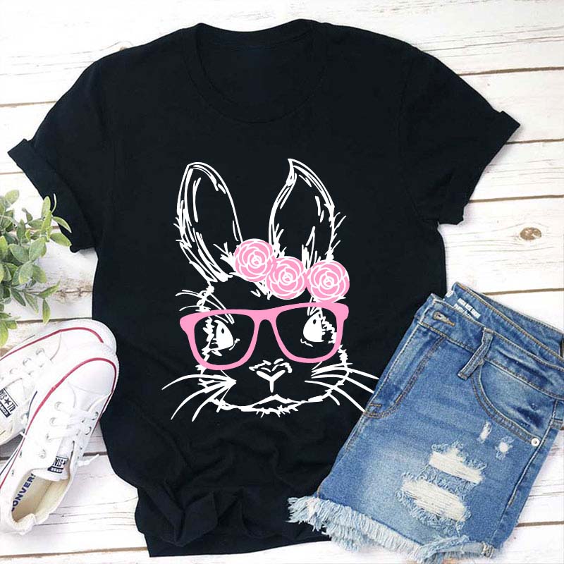 Bunny With Pink Glasses Teacher T-Shirt