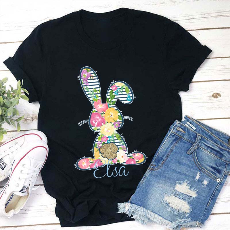 Personalized Floral Bunny Teacher T-Shirt