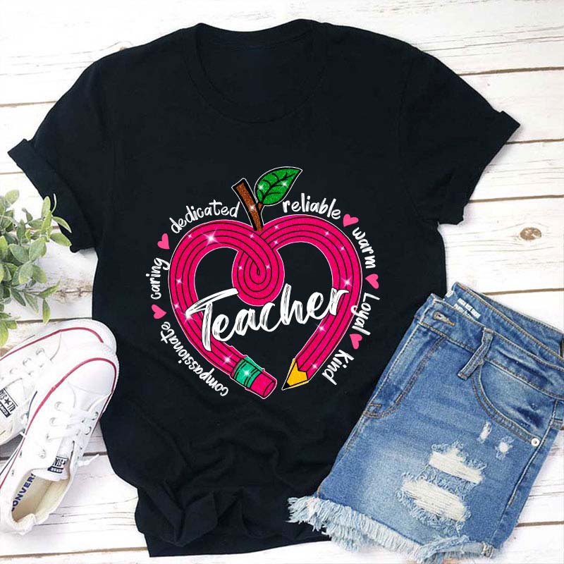Glitter Apple Pencil Heart Teacher T-Shirt