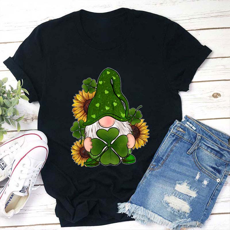 St. Patricks Day Gnome With Sunflowers Teacher T-Shirt