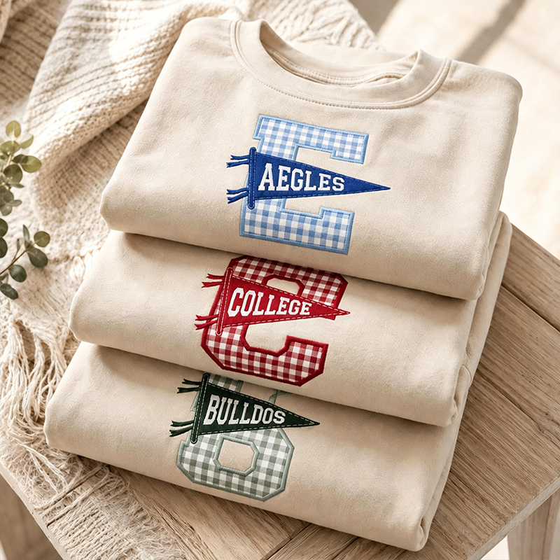 Personalized Mascot Initial Gingham Patchwork Embroidered Teacher Sweatshirt